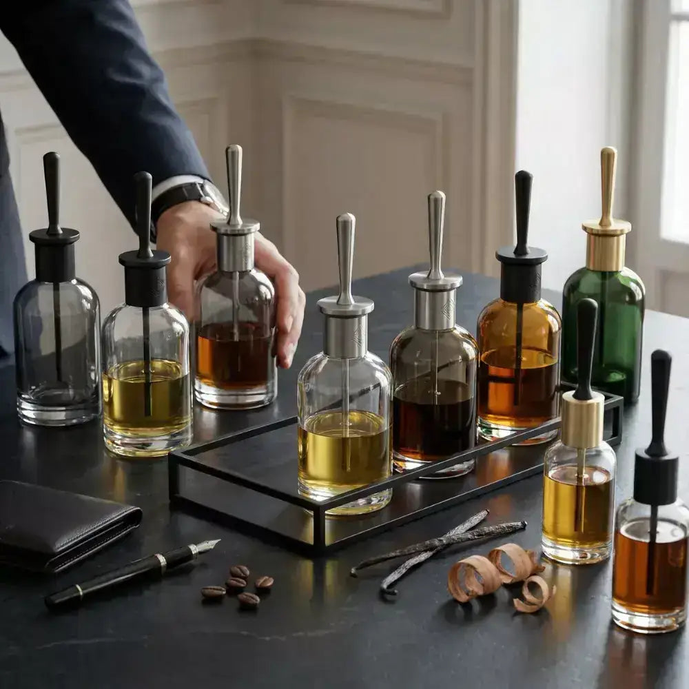 Collection of glass bottles with droppers on a dark surface, with a hand reaching for one bottle.