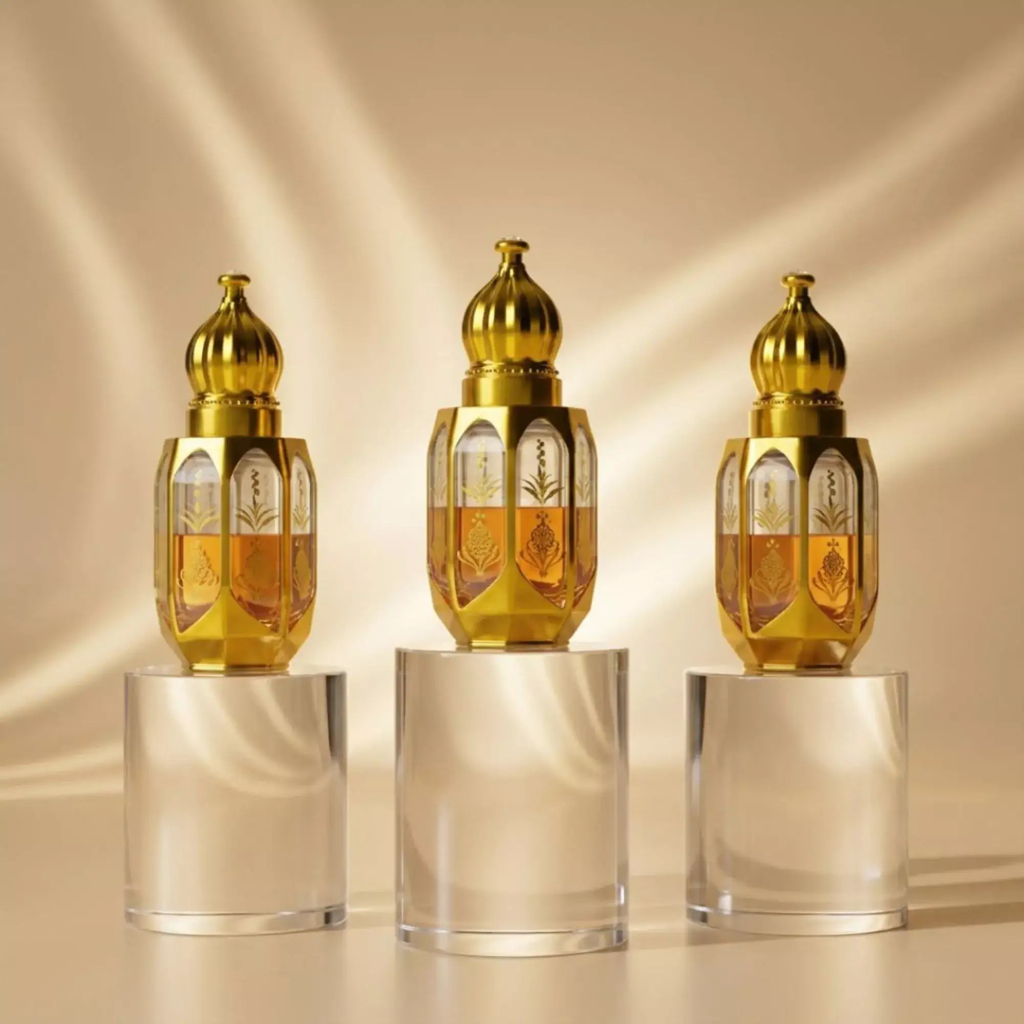 Three gold perfume bottles with floral and fruit decorations on a reflective surface. with a name plat in front f bottle stating "Dunhill Desire", "One Million", and "Ameer Ul OUD".