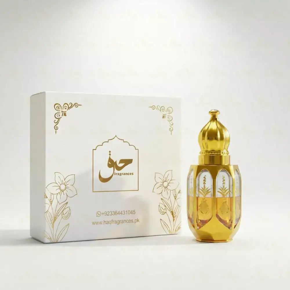 Gold perfume bottle and packaging with 'Hag Fragrances' branding on a light background