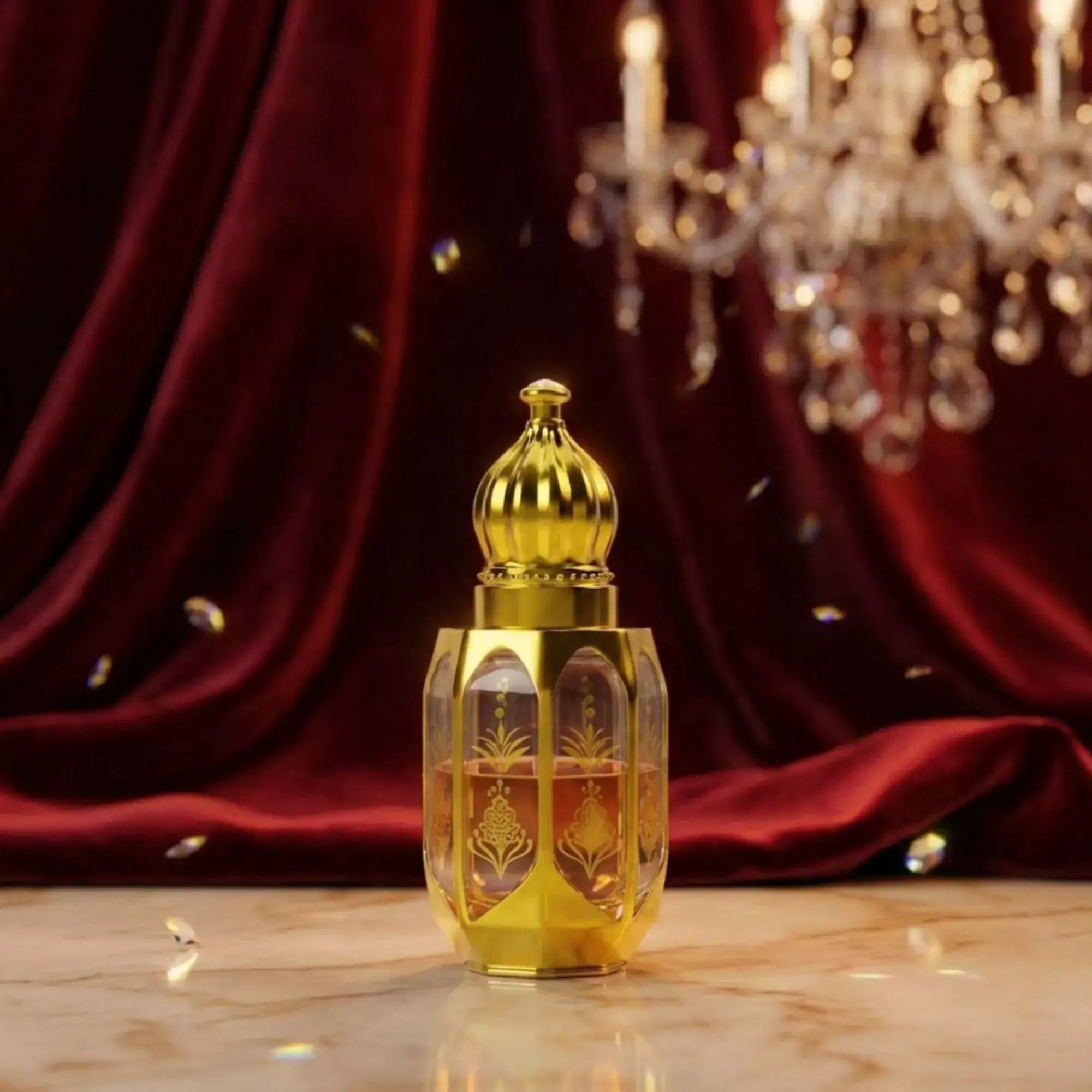 Baccarat Rouge perfume bottle surrounded by spices and flowers on a reflective surface.