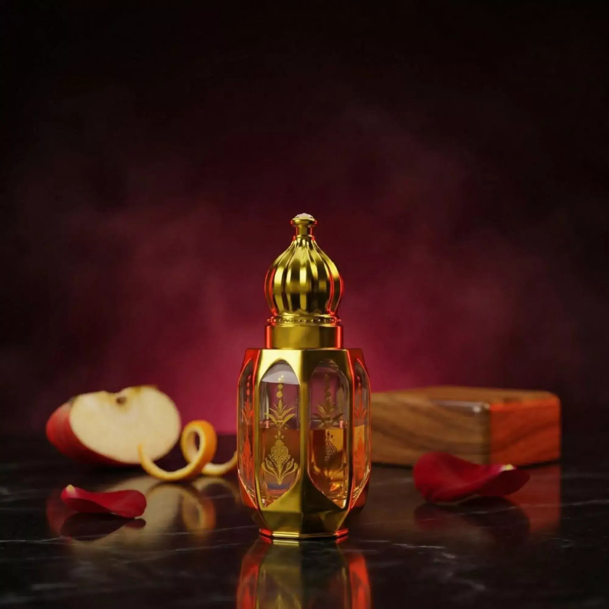 Dunhill Desire perfume bottle with floral and fruit elements on a light background