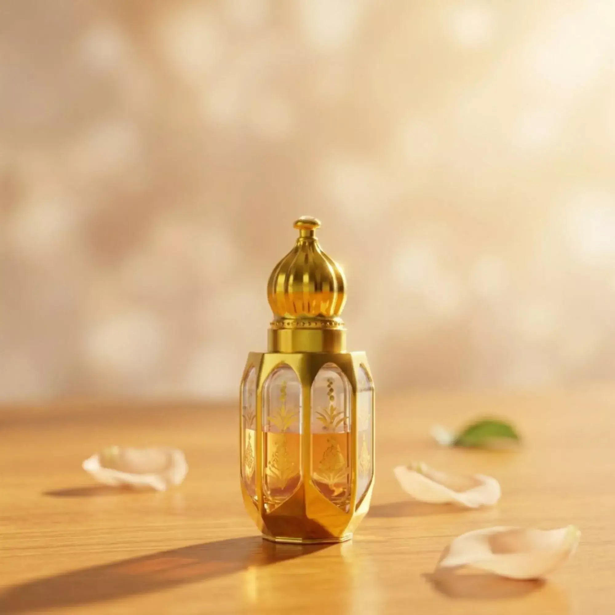 Gucci Flora perfume bottle with floral and fruit elements on a blurred natural background