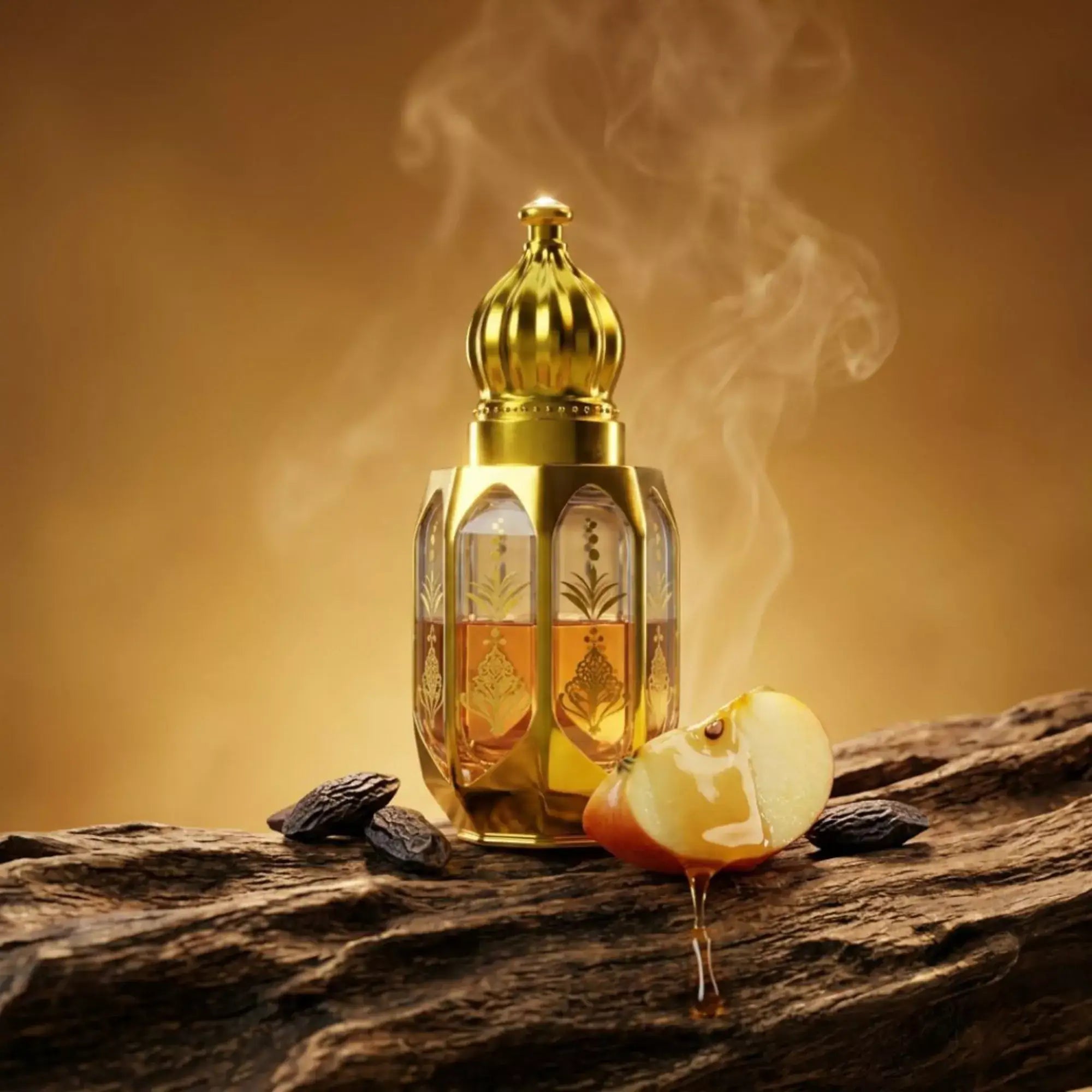 Gold perfume bottle labeled 'One Million' surrounded by tropical elements on a reflective surface. Main image