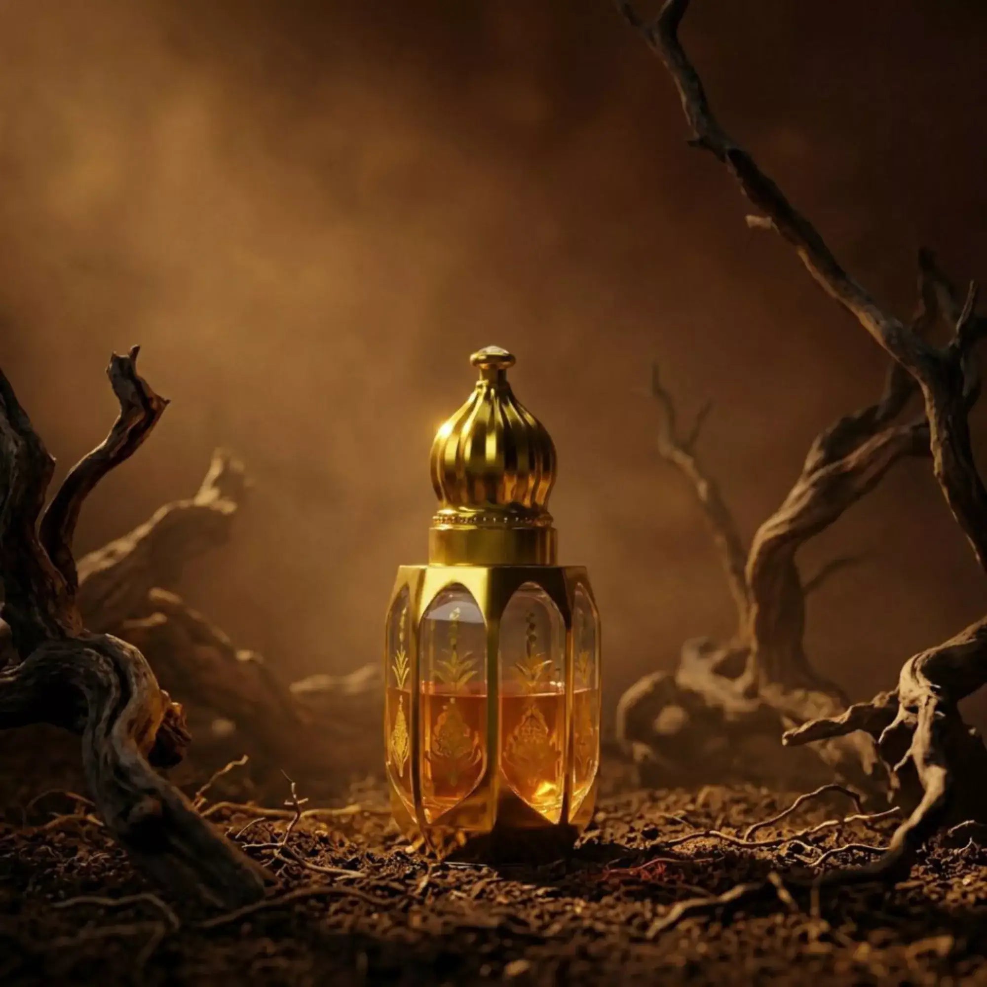 Gold bottle of oud wood perfume with spices and wood on a reflective surface