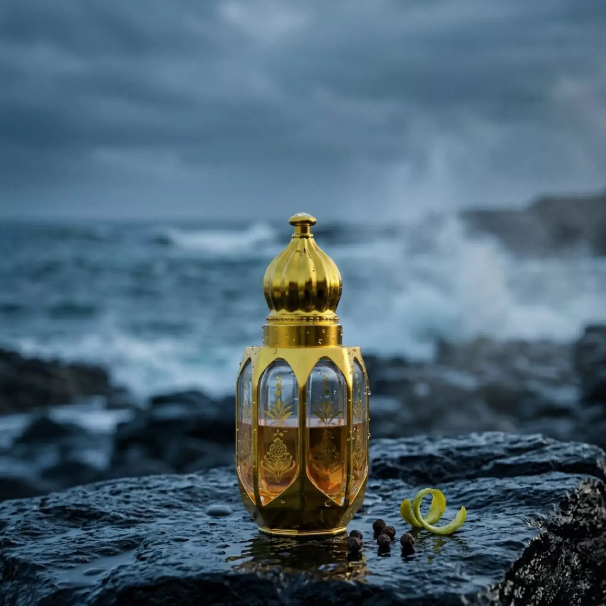 Gold perfume bottle labeled 'Sauvage Dior' surrounded by fruits, flowers, and herbs on a light background.