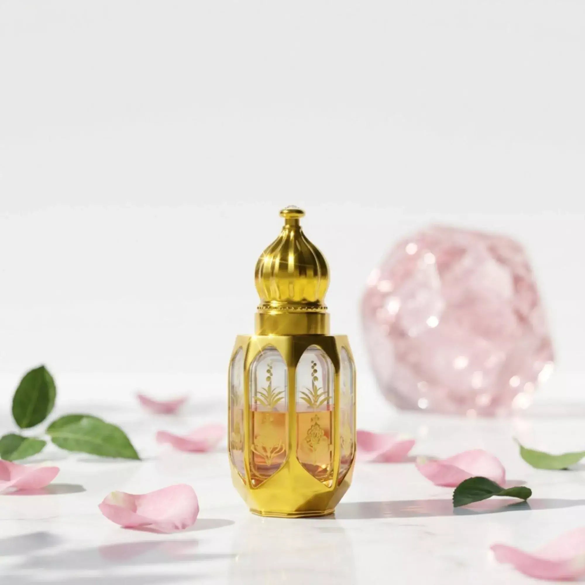 Gold perfume bottle labeled 'Versace Pink' with flowers, fruits, and spices on a white background