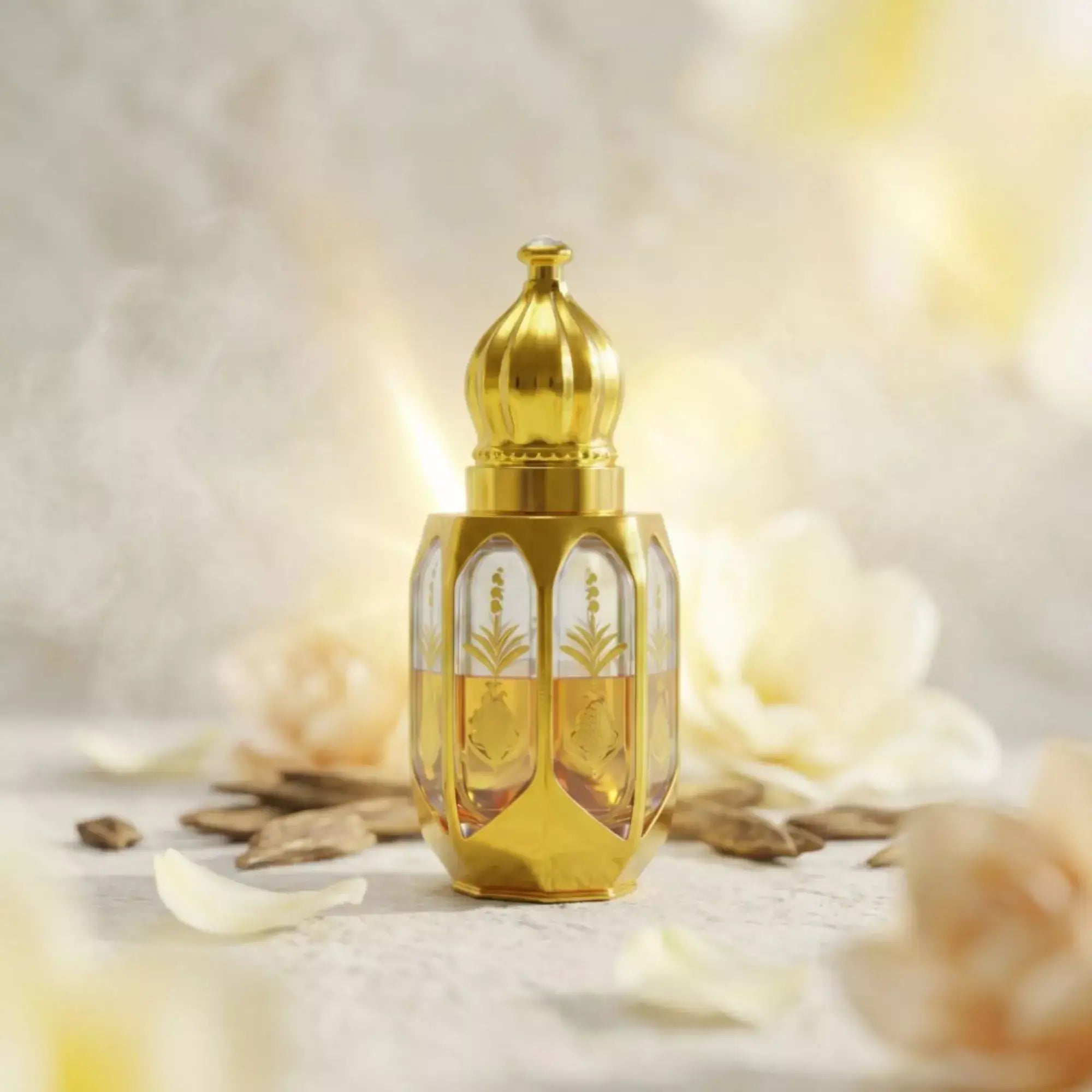 Gold perfume bottle labeled 'White Oud' surrounded by flowers, oud sticks and cinnamon sticks on a light background